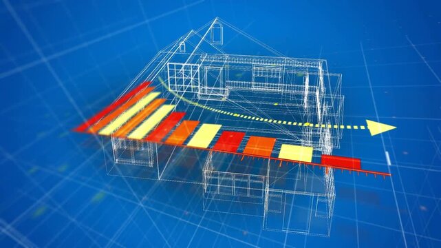 Left bars forming and sliding right, 3D house gaining design detail, arrow showing flow, rotating