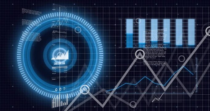 Circular HUD expanding and pulsing on grid, animating rings, bars, lines, presenting finance data
