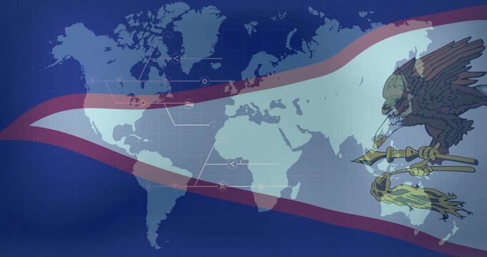 On play start graphic sweeping across world map revealing eagle emblem and linked nodes for defense