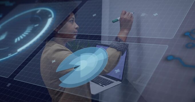 Woman placing laptop on ledge, writing code for tech whiteboard while HUD overlay guiding strokes