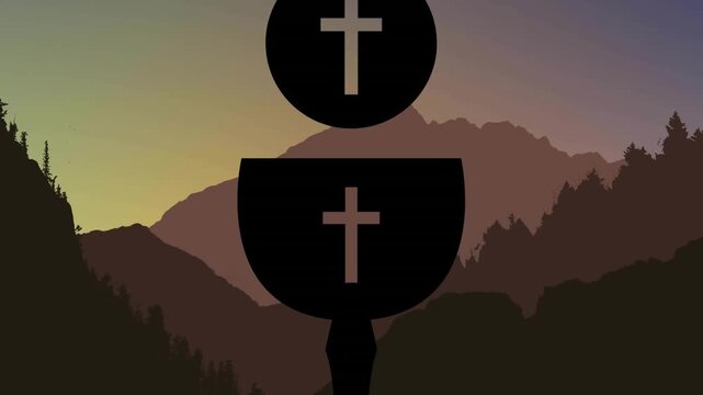 Centered silhouette holding still, presenting cross cutouts over ridges, sky shifting for faith ads