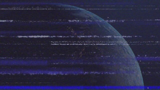 Glitch bands spiking, initiating sphere rotating and revealing craters while clarifying data feed