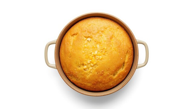 Top view of cornbread in a baking dish on a white background