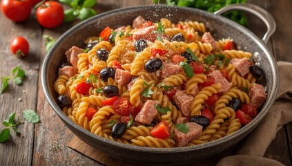 Fototapeta premium Tuna, tomato, and olive pasta salad in a dish