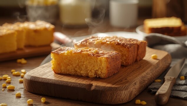 Warm Cornbread Pieces on a Wooden Plank