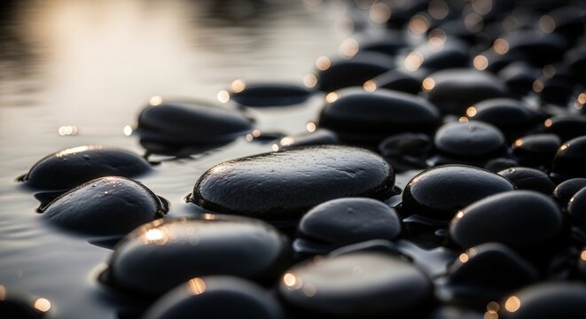 Serene Black Pebbles and Smooth Stones Lining Coastal Shoreline