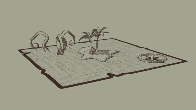 Treasure map illustration featuring a small tropical island with palm trees and a chest on a grid paper sea with a compass rose