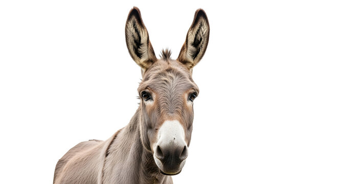 A close-up portrait of a curious donkey looking directly at the camera