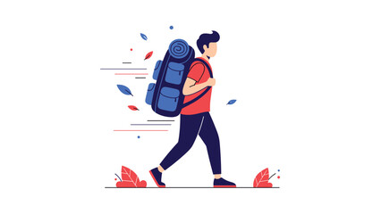 Fototapeta premium Active man with a large backpack walking energetically with falling leaves and speed lines in a landscape.