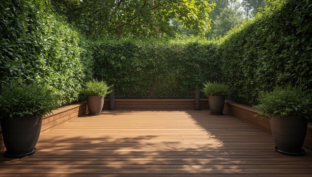 Wooden decking and potted Laurel hedges