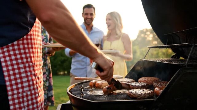 Man grilling meat on a barbecue with friends in the background in a backyard