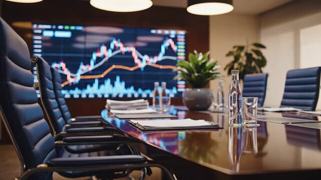 Modern conference room with financial charts on large screen corporate business meeting setup global economy data analysis boardroom interior empty workspace professional