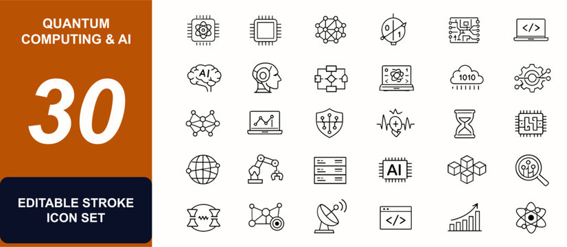 Quantum computing and artificial intelligence web icons in line style. Microchip, processor, circuitry, robotics, algorithm, hardware, software. Editable stroke. Vector illustration.