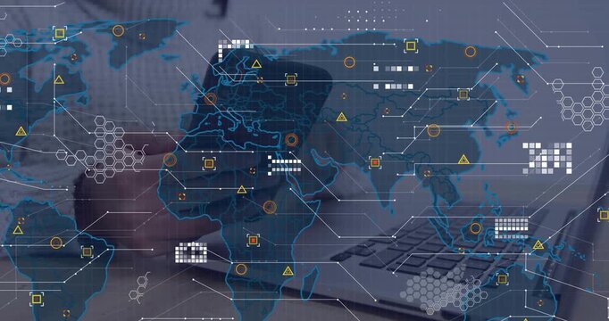 Woman tapping phone and typing laptop, activating tech world map for data analytics hex grids nodes