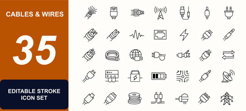 Cables and wires web icons in line style. Fiber optic, electrical connector, telecom signal, ethernet plug, copper conductor, power cord set. Editable stroke. Vector illustration.