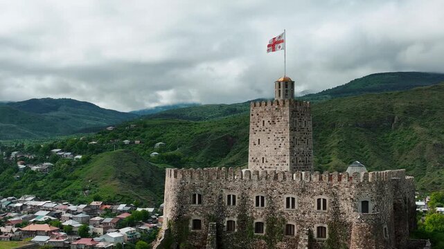 Cinematic aerial drone footage of Rabati Castle, a historic fortress complex located in Akhaltsikhe, Georgia.