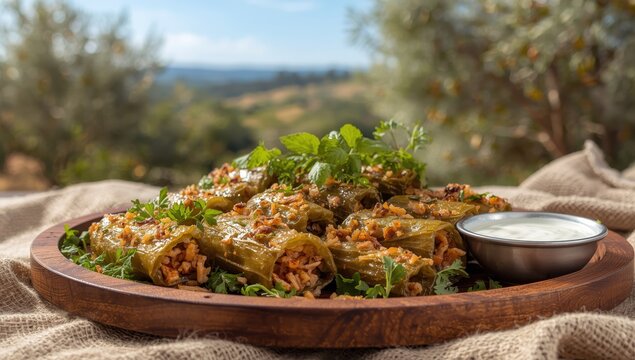 Rice-filled Mediterranean vine leaves known as Dolmas. Greek rolled vine leaves referred to as Dolmadakia