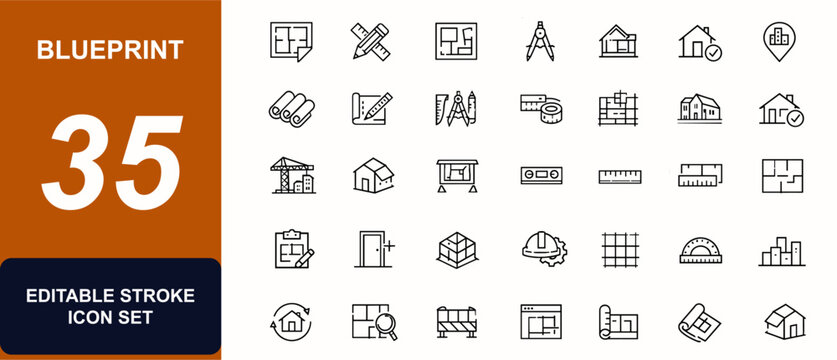 Blueprint web icons in line style. Architectural plan, construction drawing, floorplan diagram, renovation project, ruler tool, house model. Editable stroke. Vector illustration.