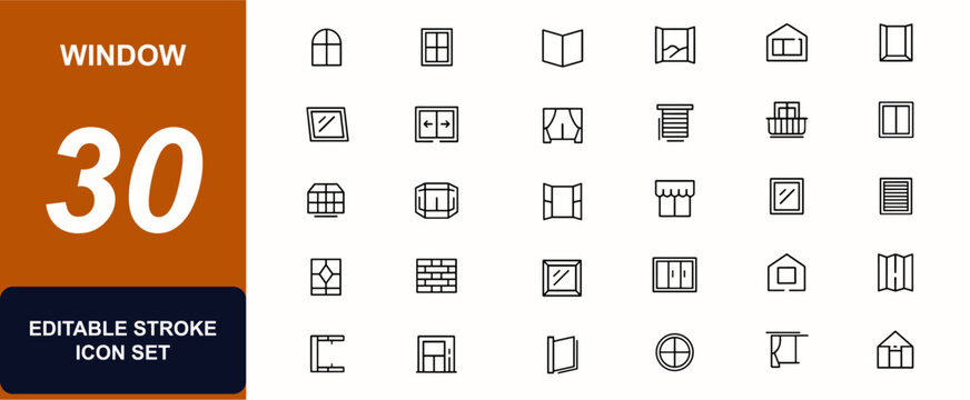Window web icons in line style. Frame, glass, facade, curtain, shutter, apartment, residential, daylight, panel, architecture. Editable stroke. Vector illustration.