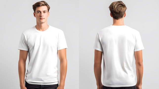 A young man modeling a white t-shirt from the front and back in a studio setting