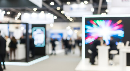 Obraz premium A bustling trade show exhibition hall with people and colorful displays