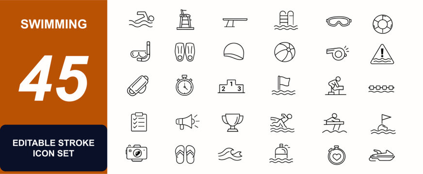 Swimming web icons in line style. Swimmer, lifeguard chair, diving board, pool ladder, goggles, buoy, snorkel, beach ball, safety sign. Editable stroke. Vector illustration.