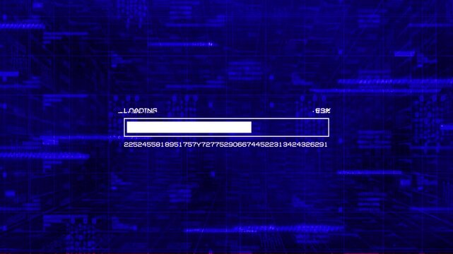 Cyberpunk style loading bar animation with glitch distortion on futuristic digital background