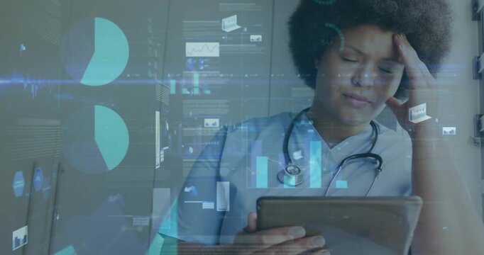 Starting with tablet, nurse reviewing charts, rubbing head, gazing out window, processing data