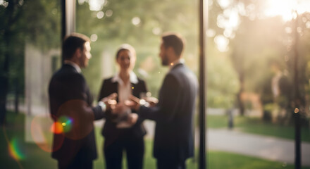 Three business professionals shaking hands in a park setting outside office building