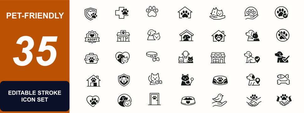 Pet-friendly web icons in line style. Adoption badge, vet clinic, paw icon, animal shelter, home care, permitted pets, dog cat service. Editable stroke. Vector illustration.