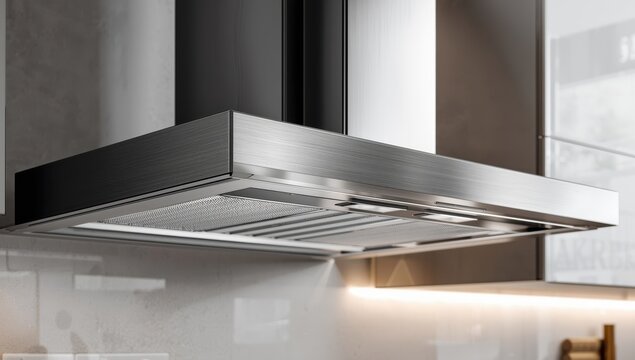Detailed view of contemporary kitchen exhaust fan or range hood. Stainless steel chimney with metal duct. Cooking hood