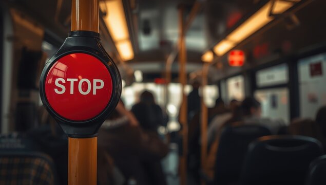 A detailed view of a red 'STOP' button in a city bus, with passengers blurred behind, illustrating urban transit and daily travel