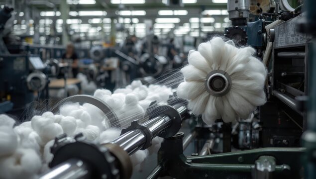 Detailed view of a rotating device in a fabric factory, handling yarn on a reel. Background automation emphasizes large-scale yarn creation and contemporary textile production