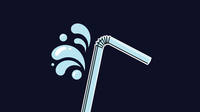 Blue flexible drinking straw on a dark background with light blue water splashes or bubbles around the top bend.