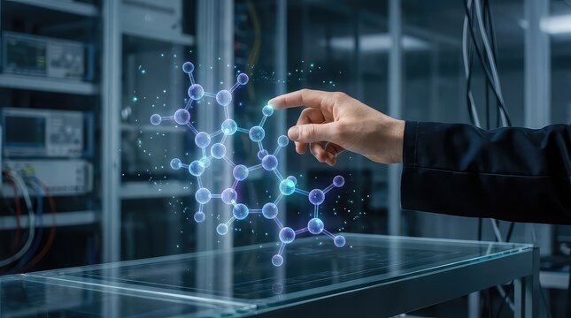 Quantum computing molecular simulation technology interface with holographic molecule and hand interaction in secure server room laboratory