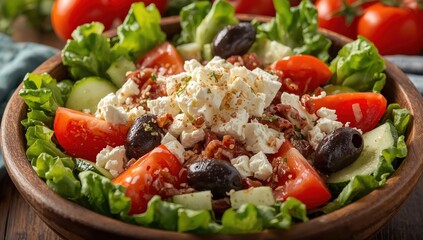 Mediterranean salad featuring fresh veggies, feta, and kalamata olives. Nutritious meal