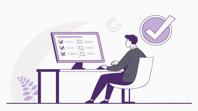 Man completing online survey or checklist on computer with checkmark.