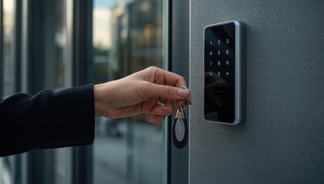 Detail of a woman's hand grasping a keychain with a fob next to a key reader on a building's outside wall, highlighting advanced security and contactless access technology