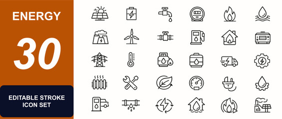 Energy web icons in line style for utilities. Solar, battery, faucet, meter, gas supply, water system, generator, renewable power. Editable stroke. Vector illustration. © JIm Studio