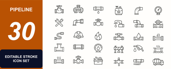 Pipeline web icons in line style. Industrial plumbing valve, pump repair, drainage system, gas connection, metal pipe, construction equipment. Editable stroke. Vector illustration. © JIm Studio