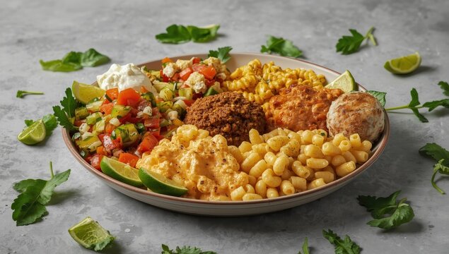 Variety of breakfast items including Tabouleh salad, Ful Medames, vegetable omelet, cheesy scrambled eggs, macaroni and cheese ball, and bread presented on a dish against a grey backdrop