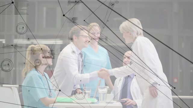 Senior doctor approaching table, greeting medical staff with handshakes while HUD overlay drifting