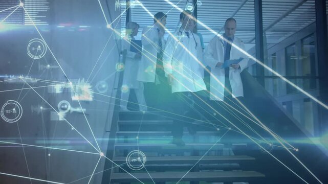 Lead MDs reviewing blue folder leading consulting staff down hospital stairs HUD highlighting data