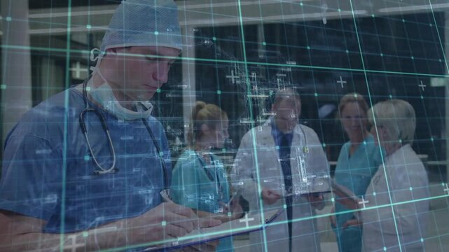 Medical team in scrubs writing on clipboard or tablet with hologram grid in hospital, copy space