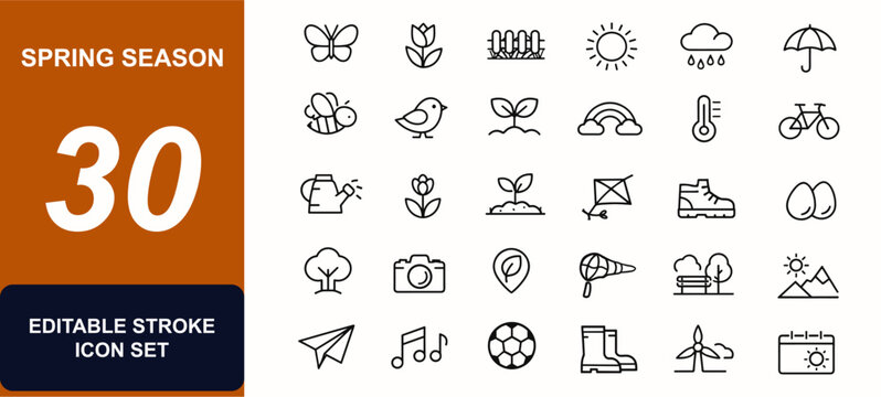 Spring season web icons in line style. Butterfly, tulip, garden, sunshine, rain, bee, bird, growth, weather, nature, outdoor, holiday, umbrella. Editable stroke. Vector illustration.