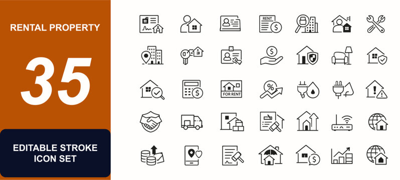 Rental property web icons in line style. Lease agreement, landlord tools, tenant application, payment invoice, building inspection. Editable stroke. Vector illustration.