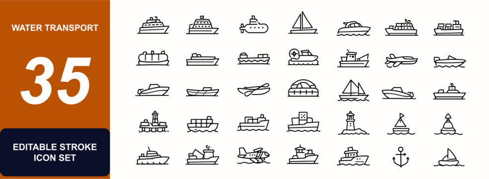 Water transport vessels web icons in line style. Marine ship, ferry, submarine, sailboat, yacht, tanker, barge, motorboat, canoe set. Editable stroke. Vector illustration.