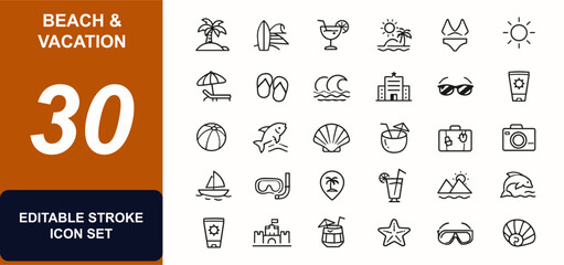 Beach and vacation themes web icons in line style. Palm tree, surfboard, cocktail, island travel, swimwear, sun, sand, leisure tourism. Editable stroke. Vector illustration. © Icons studio