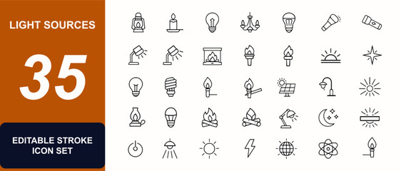 Light sources web icons in line style. Lantern, candle flame, antique bulb, chandelier, LED lamp, fireplace glow, torch, illumination, electric light. Editable stroke. Vector illustration. © JIm Studio