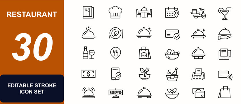 Restaurant web icons in line style. Menu, chef hat, dining table, reservation, delivery, cocktail glass, vegan dish, catering, payment. Editable stroke. Vector illustration.